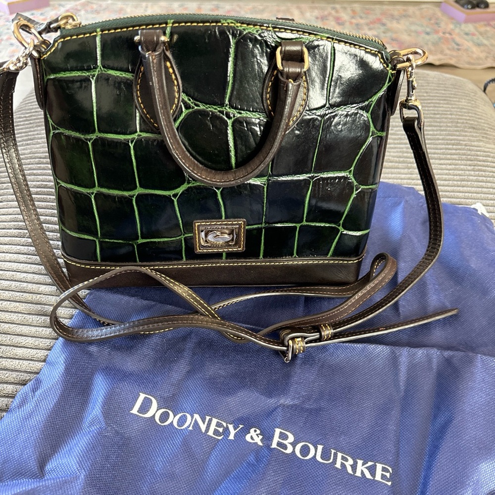 Dooney & Bourke Black and Green Croc-Embossed Leather Satchel
